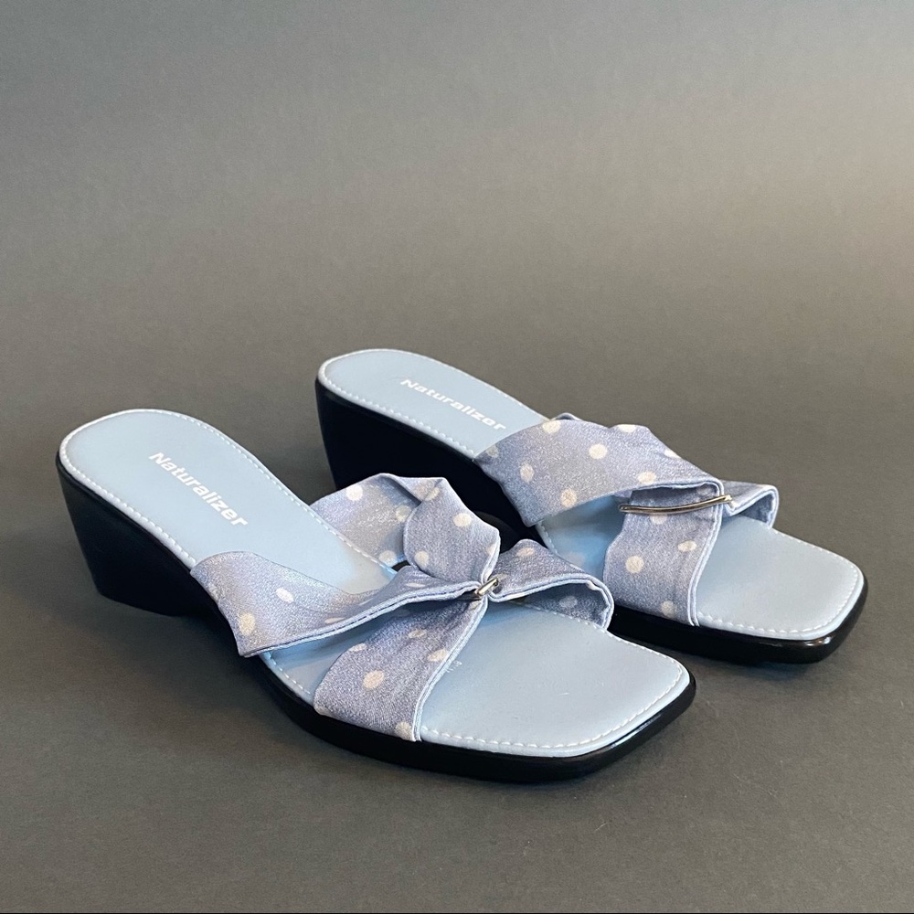 Blue polka dot squared toe slip on wedge heels
